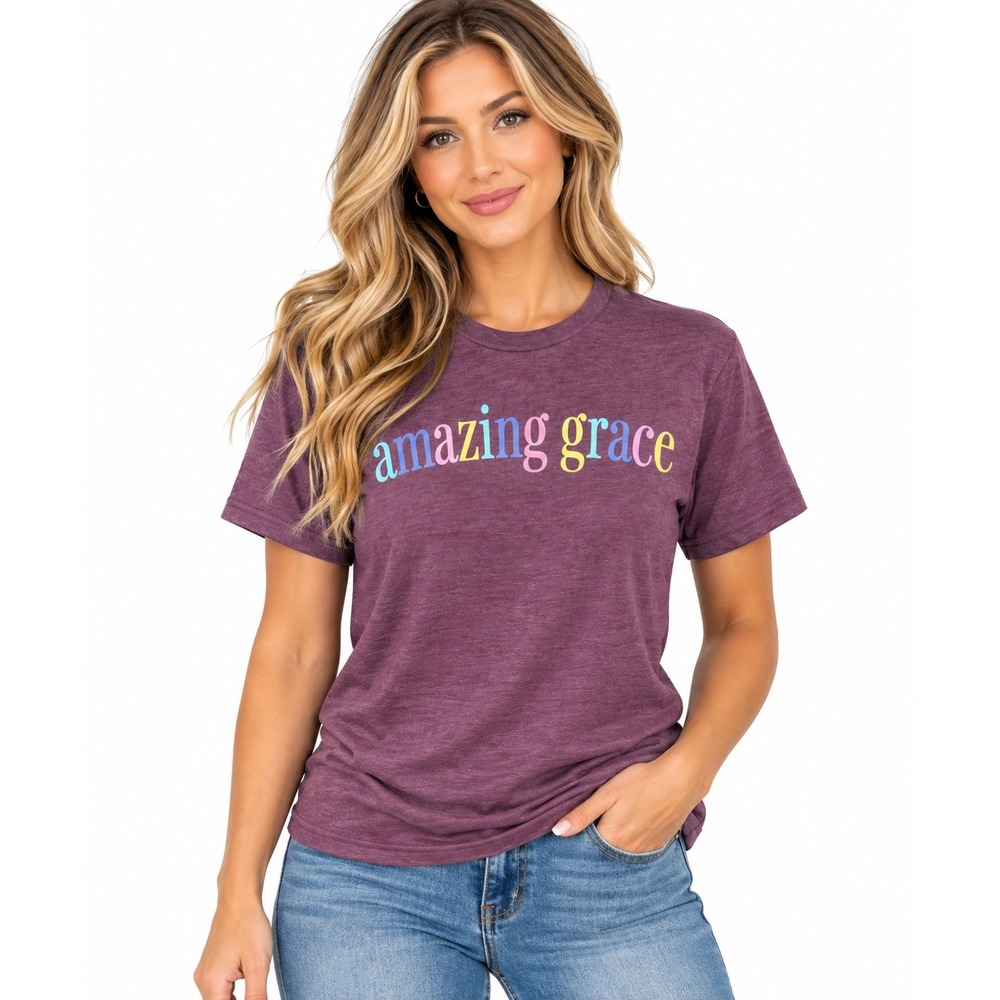 Love in Faith Amazing Grace Graphic Tee Purple Heather Short Sleeve T-Shirt M